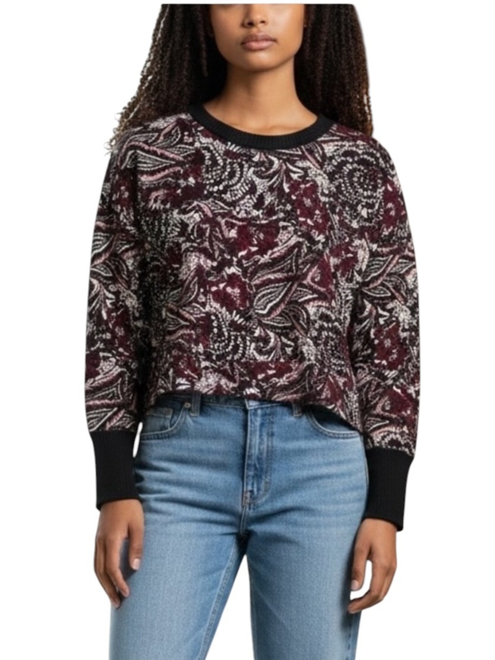Joie Caliegh Cranberry Paisley Floral Semi Cropped Sweatshirt